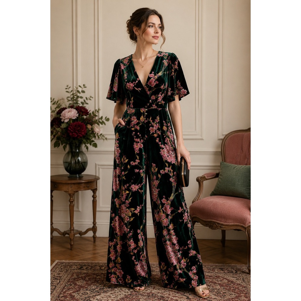Velvet Floral Jumpsuit Green Pink Cherry Blossom Wide Leg Boho Romantic